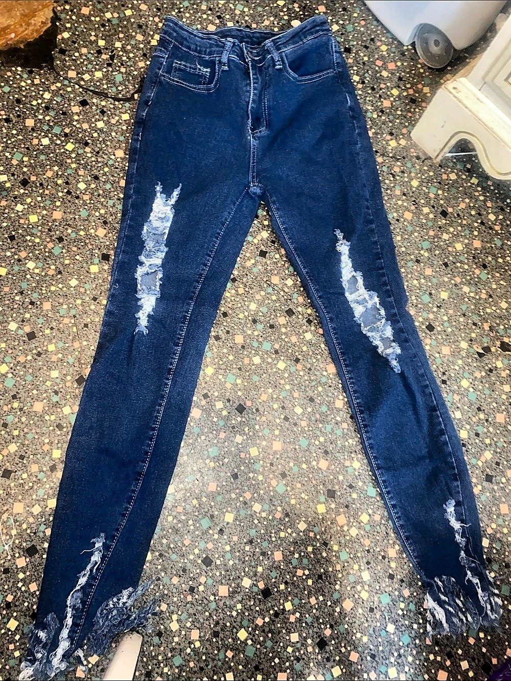 SHEIN Women SXY High Waist Ripped Fringe Trim Skinny Jeans Skinny Jeans Blue XS